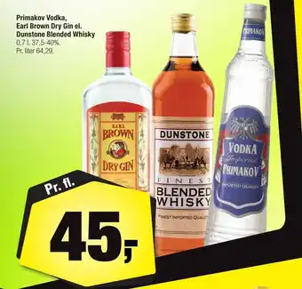 Calle Primakov vodka, earl brown dry gin el. dunstone blended whisky tilbud