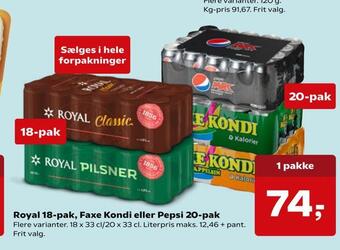 Kvickly Royal 18-pak, faxe kondi eller pepsi 20-pak tilbud