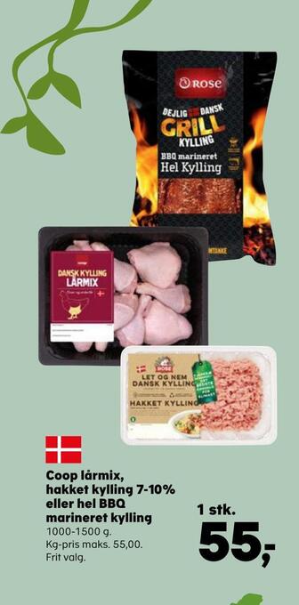 Kvickly Coop lårmix, hakket kylling 7-10% eller hel bbq marineret kylling tilbud