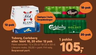 Kvickly Tuborg, carlsberg eller 1664 18,20 eller 12 pak tilbud