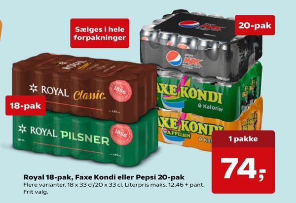 Dagli'Brugsen Royal 18-pak, faxe kondi eller pepsi 20-pak tilbud