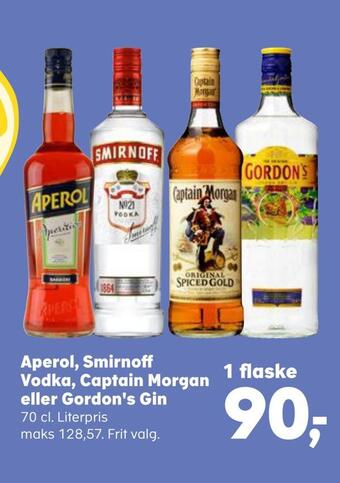 Kvickly Aperol, smirnoff vodka, captain morgan eller gordon's gin tilbud