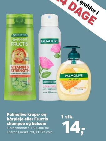Kvickly Palmolive krops- og hårpleje eller fructis shampoo og balsam tilbud