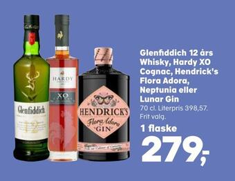 Kvickly Glenfiddich 12 års whisky, hardy xo cognac, hendrick's flora adora, neptunia eller lunar gin tilbud
