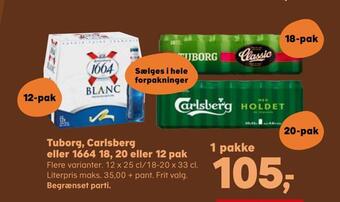 SuperBrugsen Tuborg, carlsberg eller 1664 18, 20 eller 12 pak tilbud