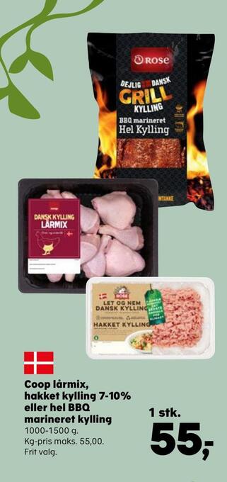 SuperBrugsen Coop lårmix, hakket kylling 7-10% eller hel bbq marineret kylling tilbud
