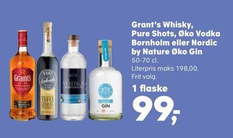 SuperBrugsen Grant's whisky, pure shots, øko vodka bornholm eller nordic by nature øko gin tilbud