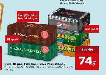 SuperBrugsen Royal 18-pak, faxe kondi eller pepsi 20-pak tilbud