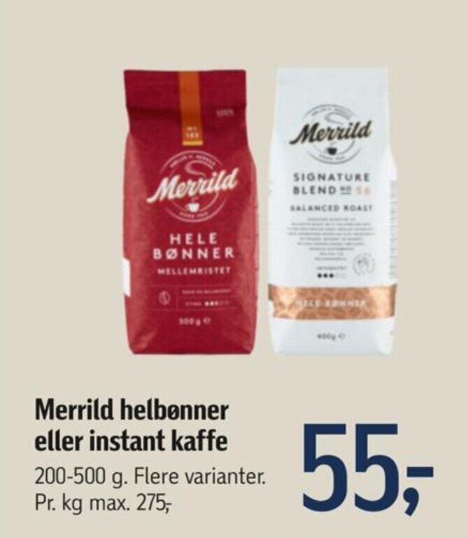 Føtex Merrild helbønner eller instant kaffe tilbud