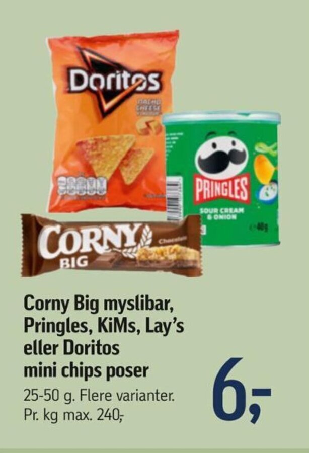 Føtex Corny Big myslibar, Pringles, KiMs, Lay's eller Doritos mini chips poser tilbud