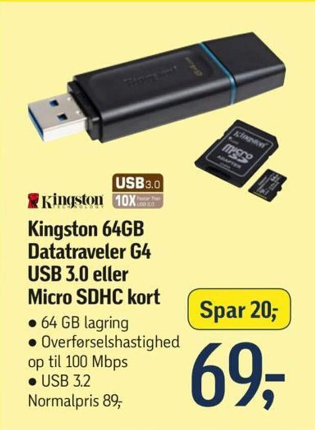 Føtex Kingston 64GB Datatraveler G4 USB 3.0 eller Micro SDHC kort tilbud