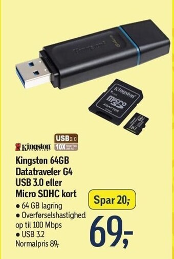 Føtex Kingston 64gb datatraveler g4 usb 3.0 el. micro sdhc kort tilbud