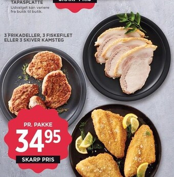 MENY 3 frikadeller, 3 fiskefilet eller 3 skiver kamsteg tilbud