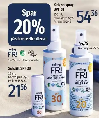 Føtex Salling fri solstift spf 30 el. kids solspray spf 30 tilbud