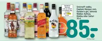 Smirnoff vodka, captain morgan rom, gordon's gin, johnnie walker, kahlua, malibu eller safari