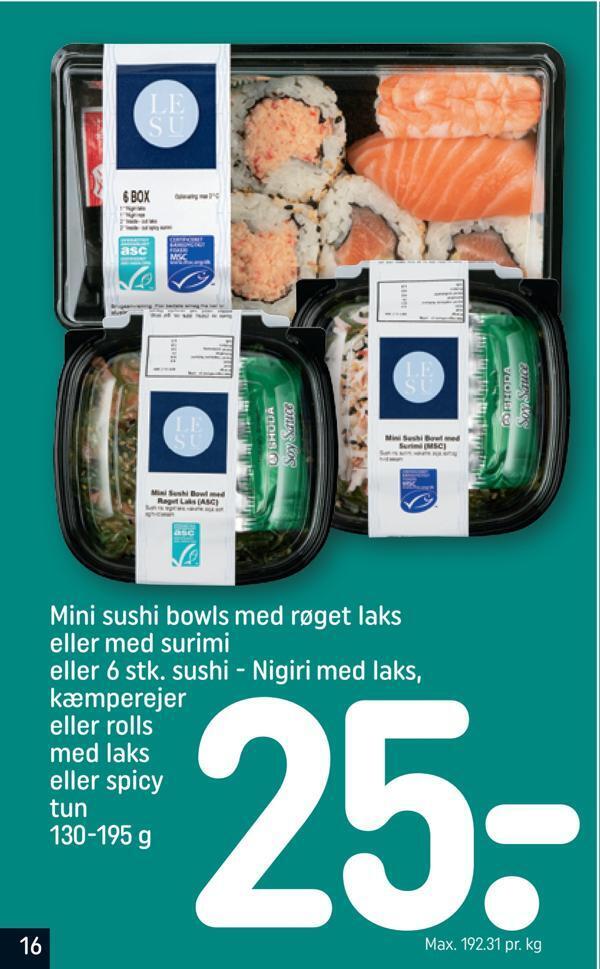 Rema 1000 Mini sushi bowls med røget laks eller med surimi eller 6 stk. sushi - nigiri med laks, kæmperejer eller rolls med laks eller tilbud