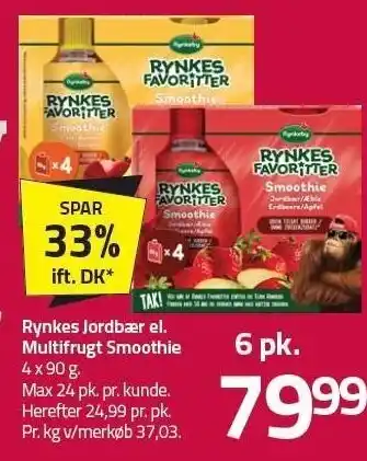 Fleggaard Rynkes jordbær el. multifrugt smoothie 6 pk. tilbud