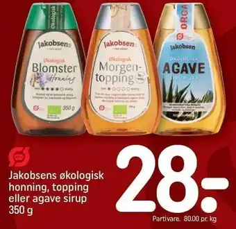 REMA 1000 Jakobsen økologisk honning, topping eller agave sirup tilbud