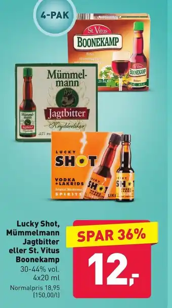 Lucky Shot, Mümmelmann Jagtbitter eller St. Vitus Boonekamp 30-44% vol. 4x20 ml