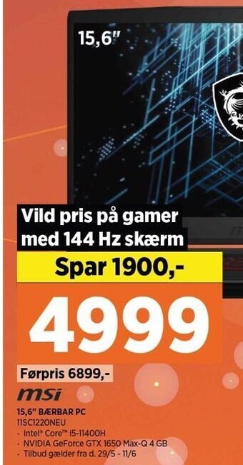Power Msi 15,6 bærbar pc tilbud