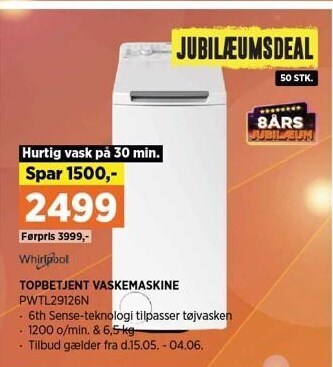 Whirlpool topbetjent vaskemaskine