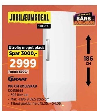 Gram 186 cm køleskab