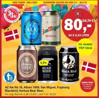 AZ Ale No 16, Albani 1859, San Miguel, Fuglsang Blackbird, Harboe Bear Beer,