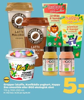 Netto Gropper iskaffe, KonfEddie yoghurt, Happy Zoo smoothie eller ØGO økologisk shot tilbud