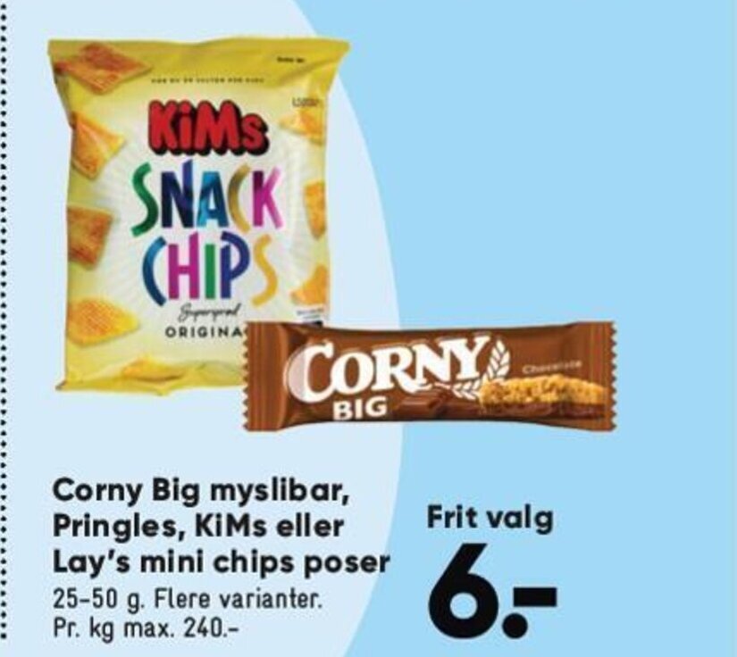 Bilka Corny Big myslibar, Pringles, KiMs eller Lay's mini chips poser tilbud
