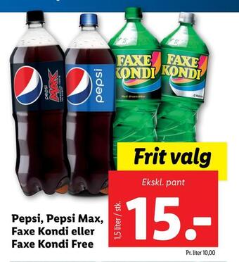 Pepsi, pepsi max, faxe kondi eller faxe kondi free
