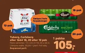 SuperBrugsen Tuborg, carlsberg eller 1664 18,20 eller 12 pak tilbud