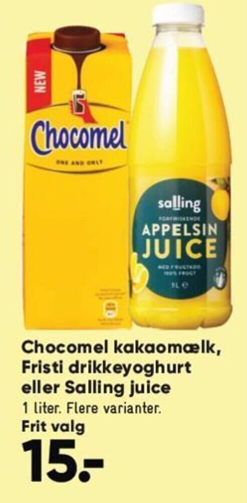 Bilka Chocomel kakaomælk, Fristi drikkeyoghurt eller Salling juice tilbud