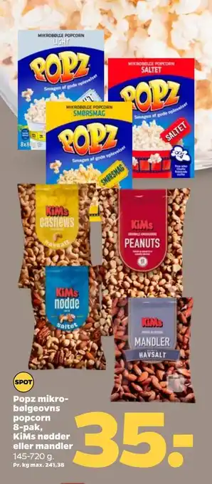 Netto Popz mikrobølgeovns popcorn 8-pak, kims nødder eller mandler tilbud