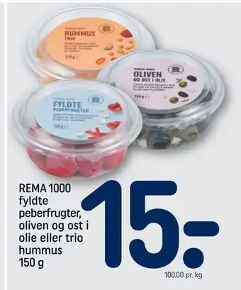REMA 1000 Rema 1000 fyldte peberfrugter, oliven og ost i olie eller trio hummus tilbud