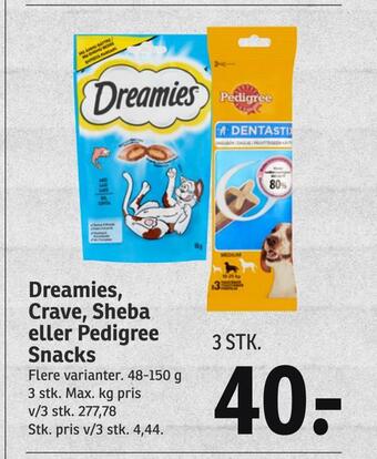 SPAR Dreamies, crave, sheba eller pedigree snacks tilbud