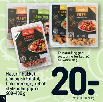 REMA 1000 Naturli' hakket, økologisk falafel, hakkedrenge, kebab style eller pipfri tilbud