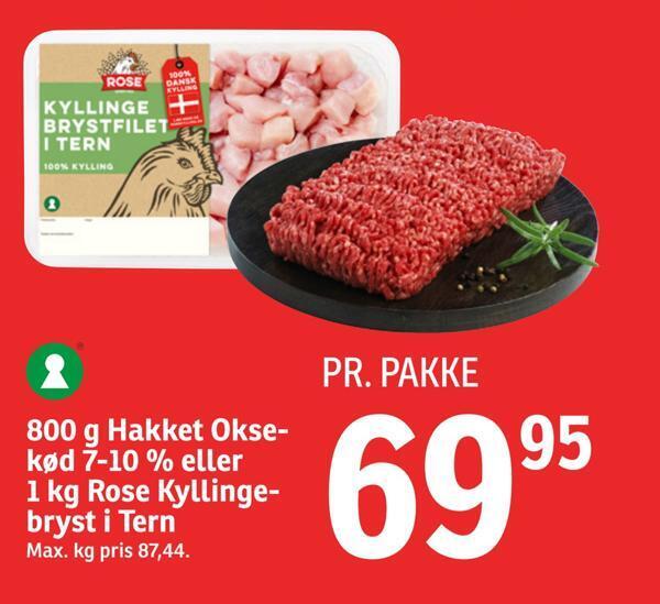 SPAR 800 g hakket oksekød 7-10% eller 1 kg rose kyllingebryst i tern tilbud