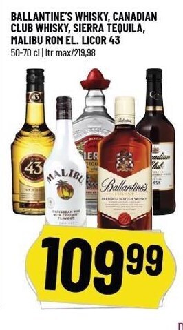 Løvbjerg Ballantine´s whisky, canadian club whisky, sierra tequila, malibu rom el. licor 43 tilbud