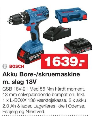 Bauhaus BOSCH Akku Bore-/skruemaskine m. slag 18V tilbud