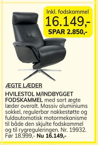 Ægte læder hvilestol m/indbygget fodskammel