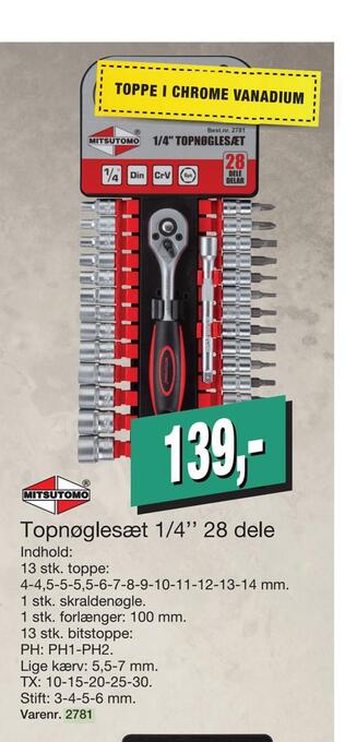 Topnøglesæt 1/4'' 28 dele