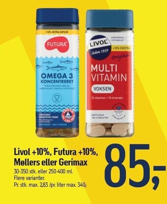 Føtex Livol +10%, futura +10%, møllers eller gerimax tilbud