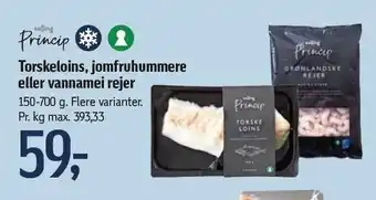 Føtex Salling princip torskeloins, jomfruhummere eller vannamei rejer tilbud