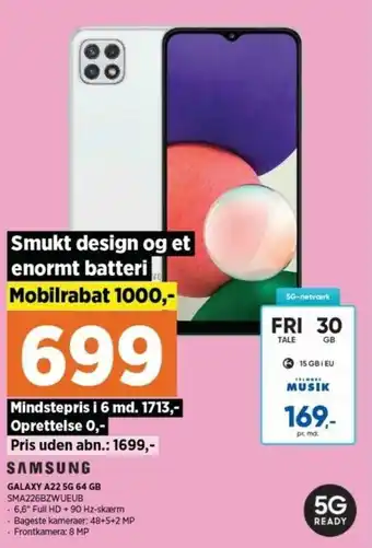 Power Samsung Galaxy A22 5G 64 GB SMA226BZWUEUB tilbud