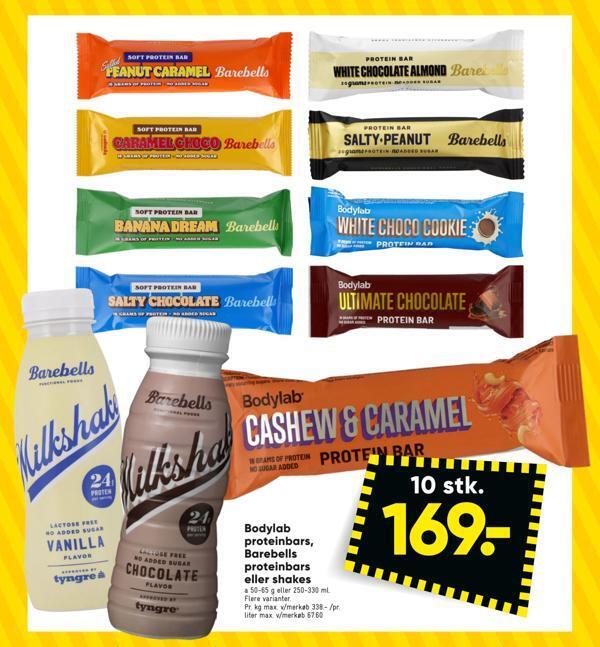 Bodylab proteinbars, barebells proteinbars eller shakes tilbud hos Bilka