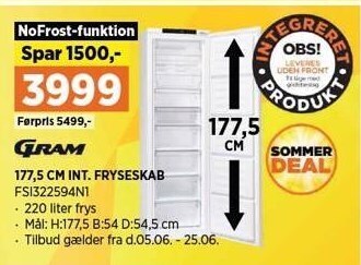 177,5 cm int. fryseskab