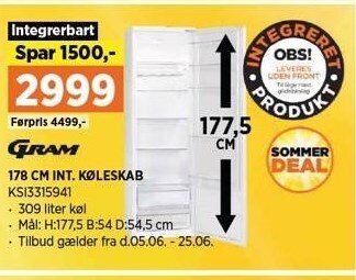 178 cm int. køleskab