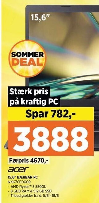 Power Acer 15,6 bærbar pc tilbud