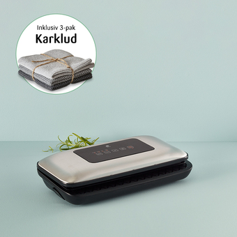 Holm vakuummaskine sølv/sort + karklude strik 3 stk 25x25 cm grå