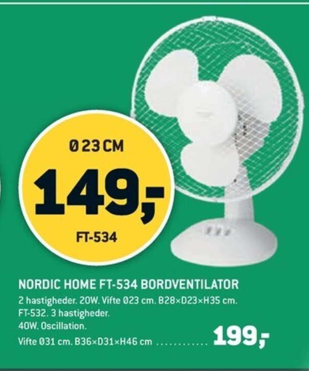 XL-BYG NORDIC HOME FT-534 BORDVENTILATOR tilbud
